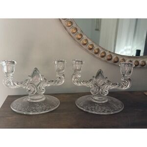 Vintage New Martinsville Janice Double Arm Candlesticks Etched Glass Pair